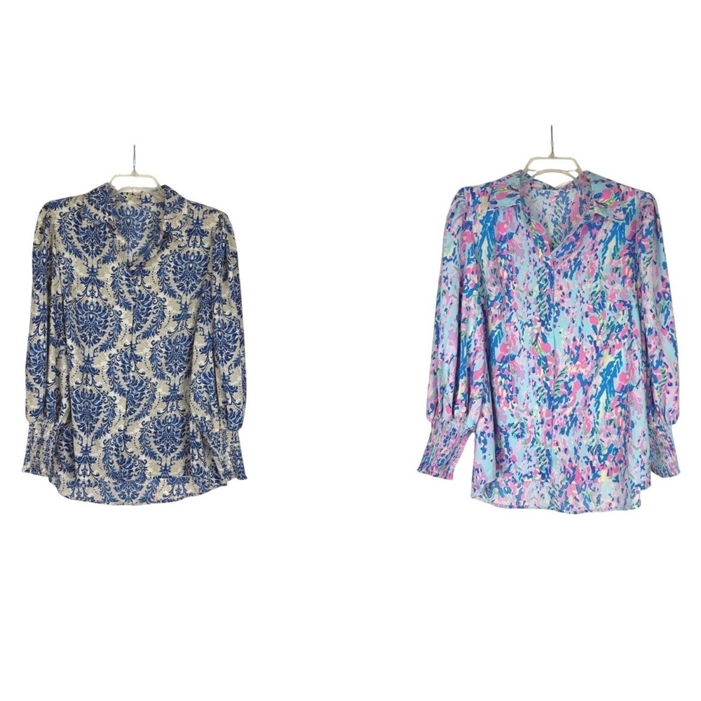 Womens Blouse Lot of 2 Medium Blue‎ Pink Print Smocked Cuff Career Preppy